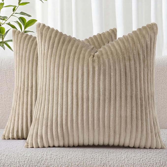 Simmore Decorative Fall Throw Pillow Covers 24x24 Set of 2, Soft Natural Plush Flannel Double-Sided Fluffy Couch Pillow Covers for Sofa Living Room, Khaki