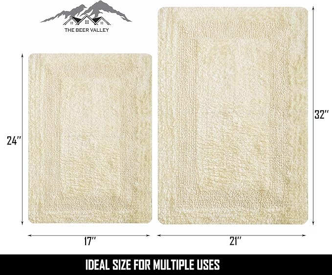 Bathroom Rugs Set 2 Piece Light Yellow Cotton Tufted Reversible Washable Bath Mats for Bathroom Floor| Quick Dry Bathroom Mat for Tub Spa Shower Toilet| Entry Way Door Mats|21x32 & 17x24 Inches