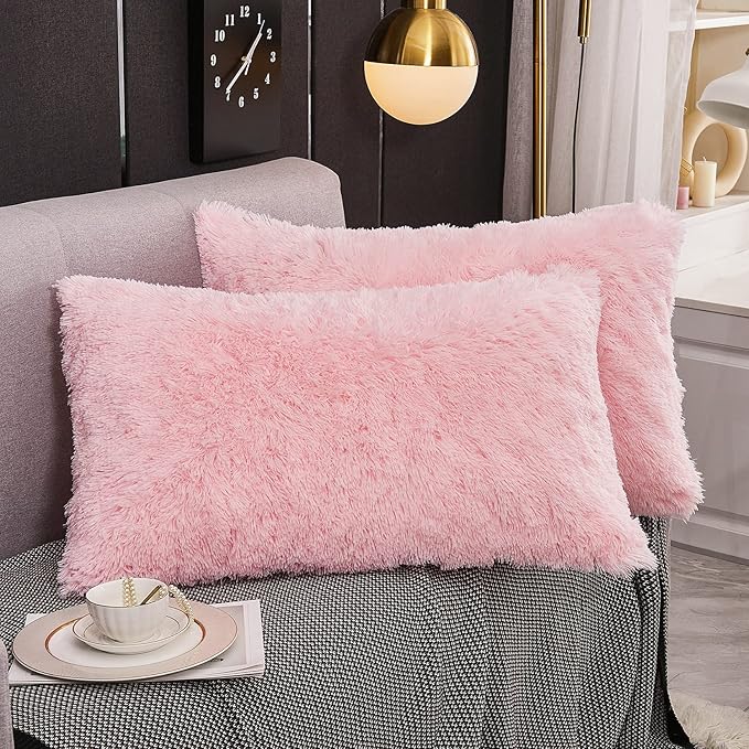 WERDIM Shaggy Faux Fur Pillowcases 2 Pack Button Closure Velvet Pillow Shams Queen Size (Pink, 20 X 26 Inches)