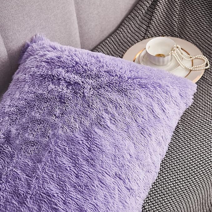 WERDIM Shaggy Fluffy Faux Fur Pillowcases 2 Pack Button Closure Velvet Pillow Shams Standard/Queen Size (Lilac, 20 X 26 Inches)