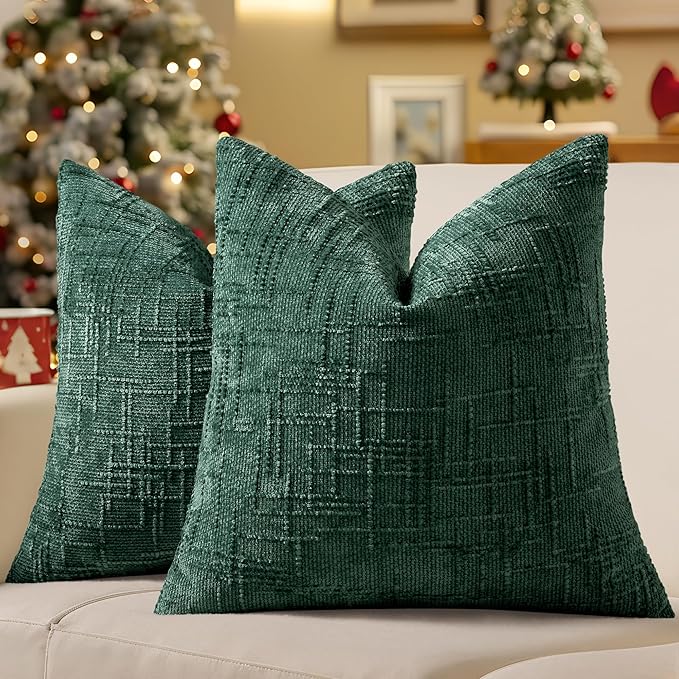 decorUhome Christmas Green Chenille Throw Pillow Covers 24x24 Set of 2 Thick Textured Slubby Couch Pillow Covers Farmhouse Accent Modern Neutral Decorative Pillow Cases for Bed Sofa Living Room