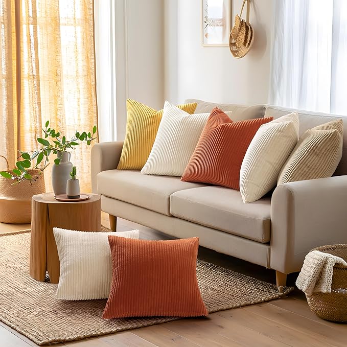 Mecatny Corduroy Decorative Fall Throw Pillow Covers 22x22 Set of 2 for Sofa Living Room, Soft Burnt Orange Neutral Boho Couch Pillow Covers for Home Decor, Rust