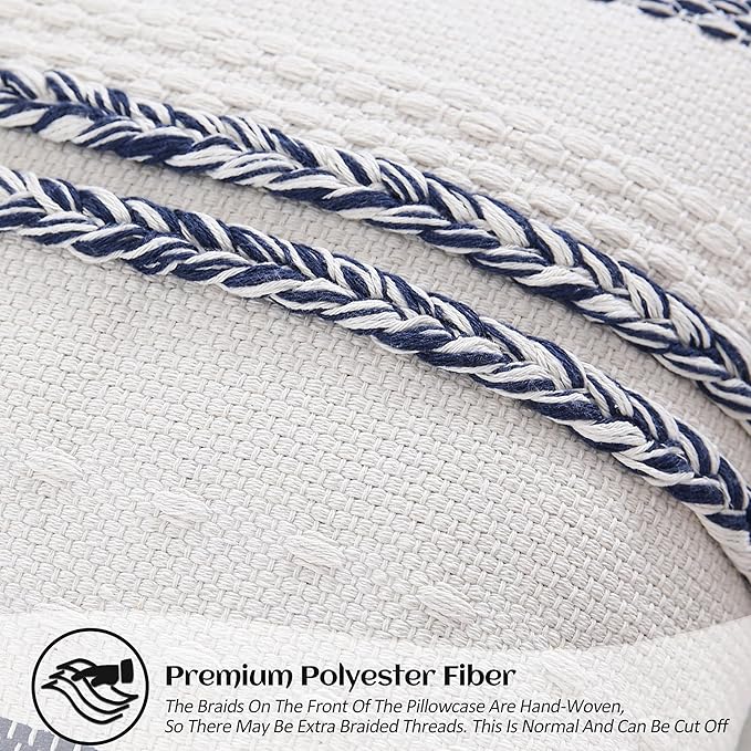 Decorative Boho Navy Blue Pillow Covers Set of 2-20x20 Inch Farmhouse Accent Striped Boho Throw Pillows Neutral Coastal Textured Square Pillowcase for Couch Living Room Bed Sofa, Home Decor