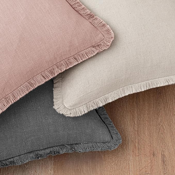 Woaboy Decorative Linen Fringe Throw Pillow Covers Boho Farmhouse Soft Cushion Covers Accent Pillowcases with Tassels for Living Room Couch Sofa Bed Chair,20x20 Inch Set of 2,Light Pink