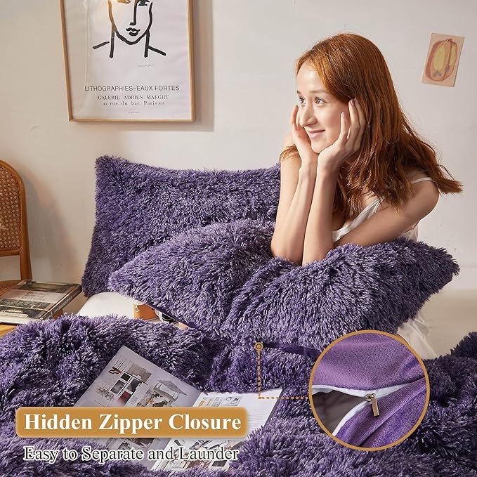 XeGe Faux Fur Throw Pillow Cases, Plush Shaggy Ultra Soft Pillow Covers, Fluffy Crystal Velvet Decorative Pillowcases, Furry Fuzzy Pillow Shams Zipper Closure, Set of 2 (Standard, Purple Ombre)