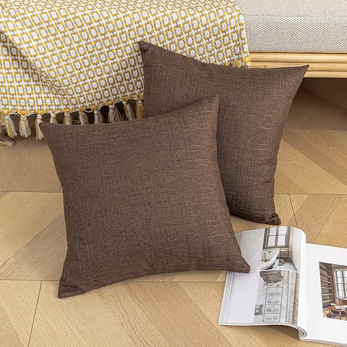 Kevin Textile Pack of 2 Decorative Outdoor Waterproof Throw Pillow Covers Checkered Pillowcases Classic Cushion Cases for Patio Couch Bench 16 x 16 Inch Brown