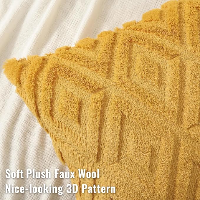 decorUhome Couch Throw Pillow Covers 16x16 Set of 2, Decorative Soft Plush Faux Wool Neutral Accent Pillow Covers for Bed Sofa Living Room, Mustard Yellow