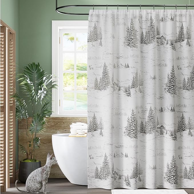 KGORGE Grey Forest Shower Curtain Liner for Bathroom, Linen Textured Semi Sheer Washable Quick Dry Privacy Screen Décor Modern Farmhouse Shower Curtain with 12 Hooks, W 72 x L 72, 1 Panel