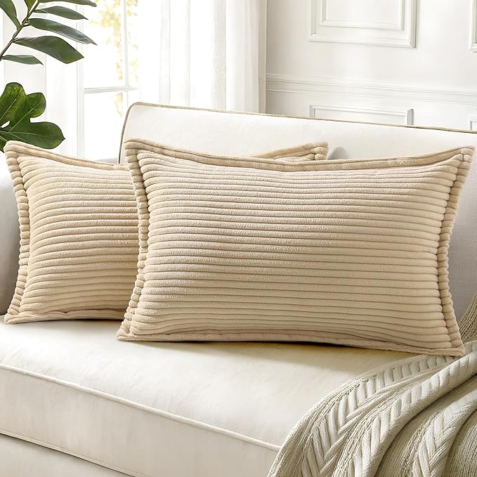 decorUhome Corduroy Beige Throw Pillow Covers 12x20 Set of 2 Decorative Soft Boho Farmhouse Lumbar Euro Couch Pillow Covers for Living Room Bed Sofa Broadside Striped Pillow Cases
