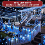 470ft Outdoor Christmas Lights, 1500 LED Super Long String Lights 12 Modes & Timer Memory, Dimmable Outsite Waterproof Light Strings for Xmas Tree Garden Wedding Party Holiday Decorations Blue&White
