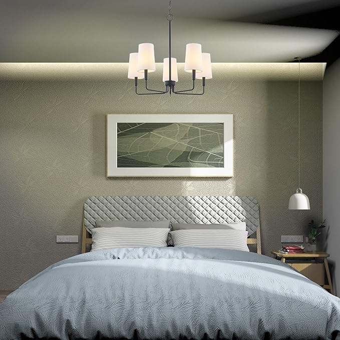 Chandelier, Matte Black with White Fabric Shade, Farmhouse Linear Island Lighting Fixture for Kitchen, Dining Room (5-Light Matte Black with Fabric Shades)