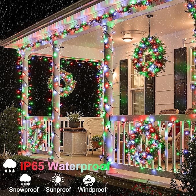 66FT 200 LED Christmas Lights Outdoor, Christmas Tree Lights with 8 Modes Waterproof, Plug in Connectable String Twinkle Light Green Wire for Tree Patio Wedding Party Decorations, Red White Green
