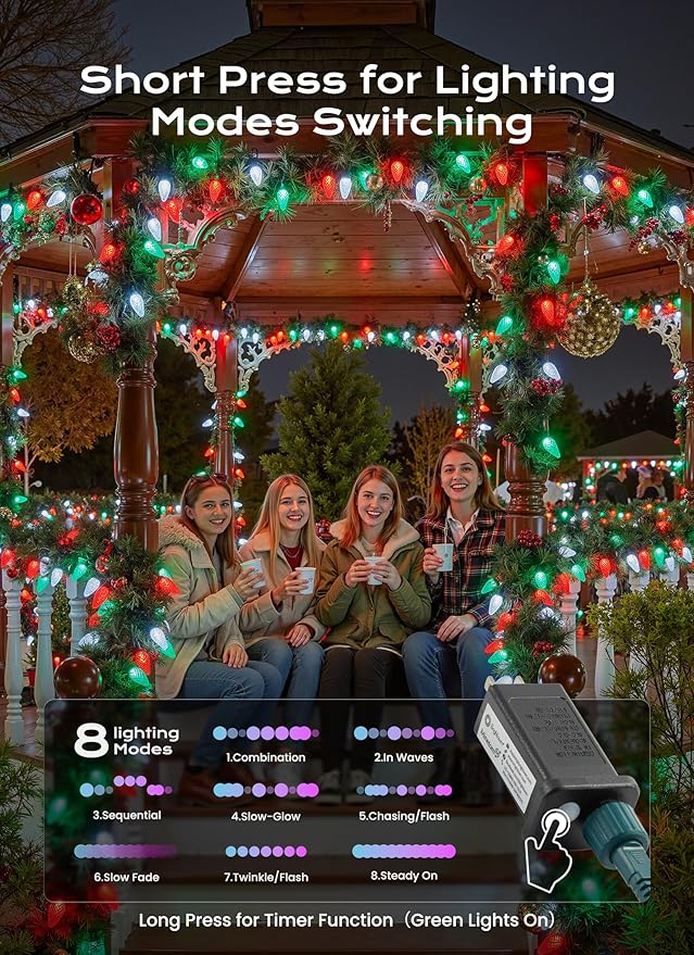 C9 Christmas Lights Outdoor, 66 FT 100 LED Connectable C9 String Lights with 8 Modes and Timer Xmas Tree Patio Roofline Garden Yard Holiday Party Indoor Outdoor Decoration, Red, Green and White