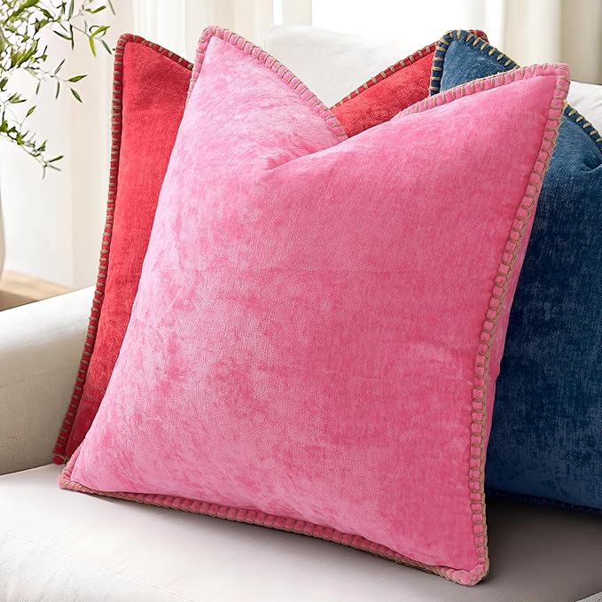 decorUhome Christmas Chenille Soft Throw Pillow Covers 20x20 Set of 2, Farmhouse Velvet Neutral Decorative Euro Pillow Covers with Stitched Edge for Couch Sofa Bed Home Decor, Red