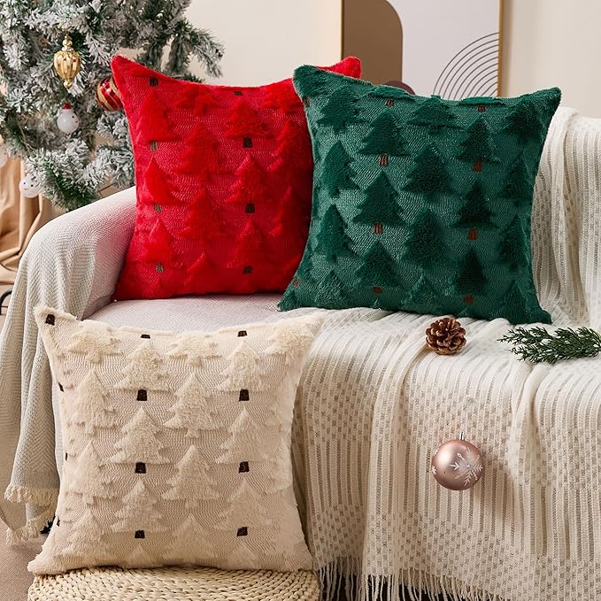 Christmas Pillow Covers 20x20 inch Set of 2 Christmas Decorations Soft Plush Faux Fur Wool Beige Xmas Tree Throw Pillow Cases Winter Holiday Decor for Sofa Living Room PT-012R20