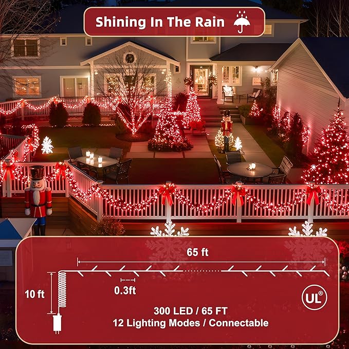 300LED 75FT Christmas Lights Indoor, LED Christmas Tree Decoration Lights with 12 Modes & Timer Memory, Dimmable Plug in Waterproof LED Xmas Light for Yard Trees Wedding Party Holiday Red
