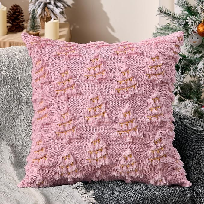 Christmas Pillow Covers 18x18 inch Set of 2 Soft Plush Faux Fur Christmas Decor Pink Xmax Tree Yellow Colored Lights Decoration Throw Pillow Case for Winter Holiday Sofa Living Room PT003E18
