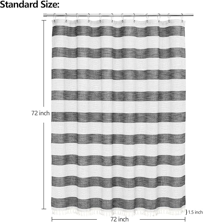 Boho Farmhouse Heavyweight Shower Curtain with Tassels, 350GSM Cotton Linen Fabric Shower Curtain for Rustic Bathroom, 72 x 72 Inch Vintage Black and White Striped Bath Curtain Water-Repellent