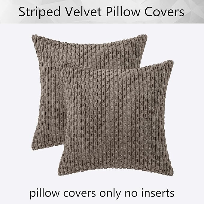 Kevin Textile Throw Pillow Covers Soft Corduroy Decorative Set of 2 Boho Striped Pillow Covers Pillowcases Farmhouse Home Decor for Couch Bed Sofa Living Room 16x16 Inch Light Brown