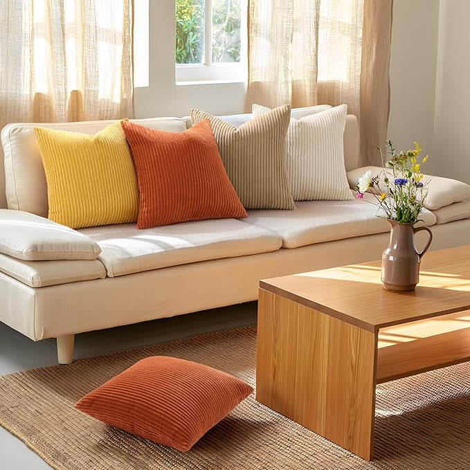 Mecatny Corduroy Decorative Throw Pillow Covers 26x26 Set of 2 for Sofa Living Room, Soft Neutral Boho Couch Pillow Covers for Home Decor, Beige