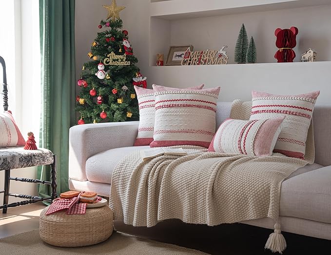 Christmas Pillow Covers 18x18 Inch Set of 2, Red Textured Boho Christmas Decorative Couch Pillow Cases for Farmhouse Home Decor, Accent Cushion Cover for Sofa, Bed, Living Room, Bedroom