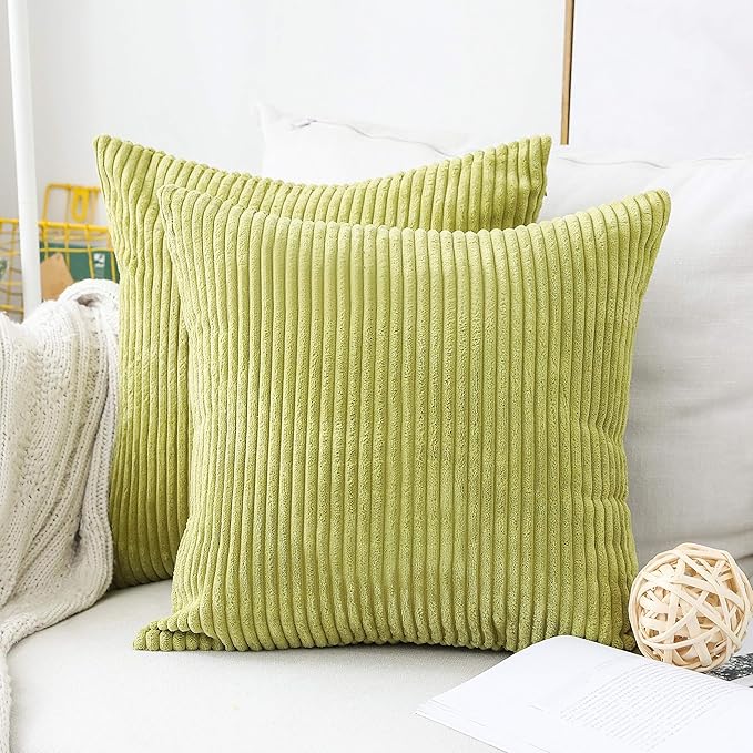 Home Brilliant Euro Sham 24x24 Spring Pillow Covers Set of 2 Striped Corduroy Textured Velvet European Pillow Covers for Couch Holiday Decor, 60cm x 60cm, 24 x 24 inch, Grass Green