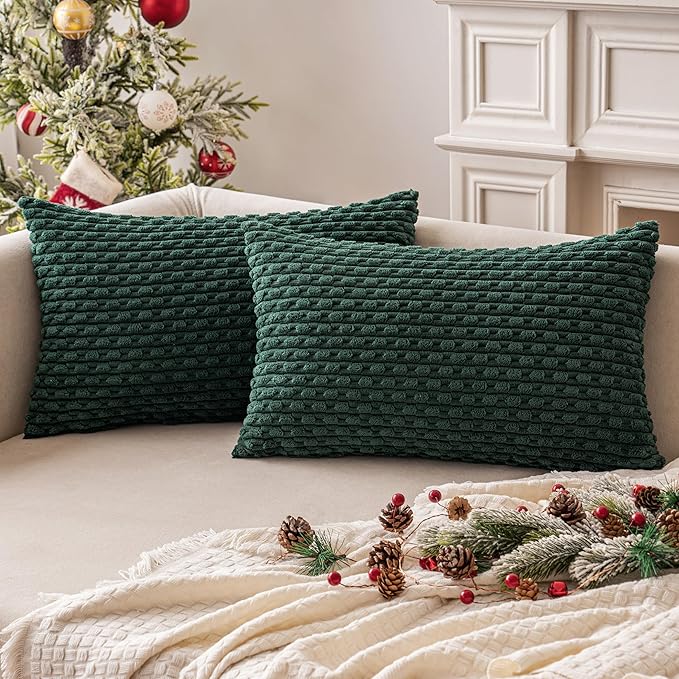 MIULEE Christmas Army Green Throw Pillow Covers Soft Corduroy Decorative Set of 2 Boho Striped Pillow Covers Pillowcases Farmhouse Home Decor for Couch Bed Sofa Living Room 12x20 Inch