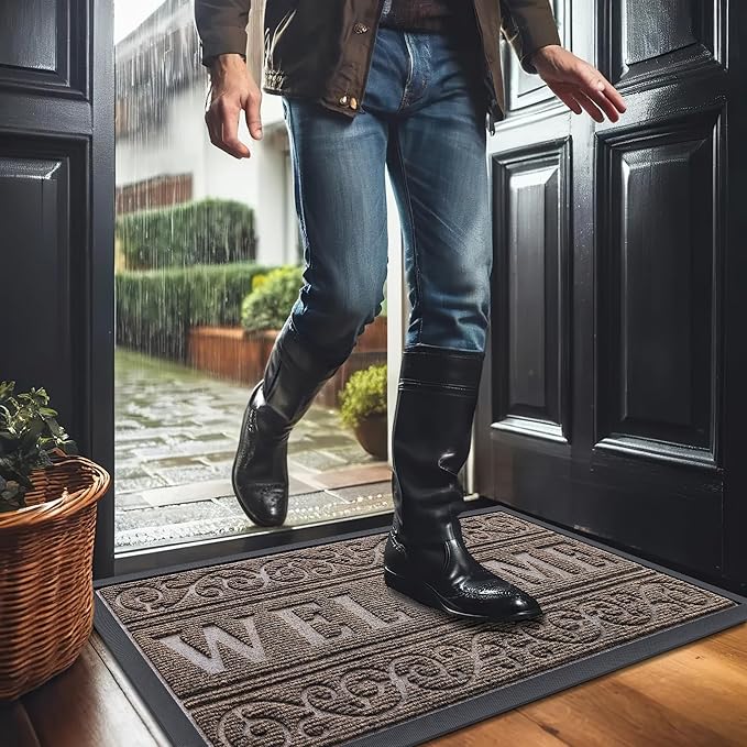 OLANLY Welcome Door Mat Indoor Outdoor Entrance, Heavy Duty Sturdy Front Door Mat, Waterproof All-Weather Doormat, Stain Resistant, Low Profile, Easy Clean Patio Entryway Mat, 47 x 32, Brown