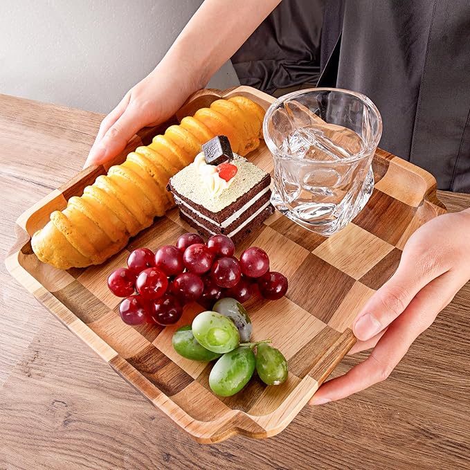 Wood Serving Trays - Set of 2 Square Serving Platters, Wooden Decorative Board Charcuterie Boards for Serving Breakfast Dinner Appetizers Coffee BBQ Party (1 x 9.6 in, 1 x 7.8 in)