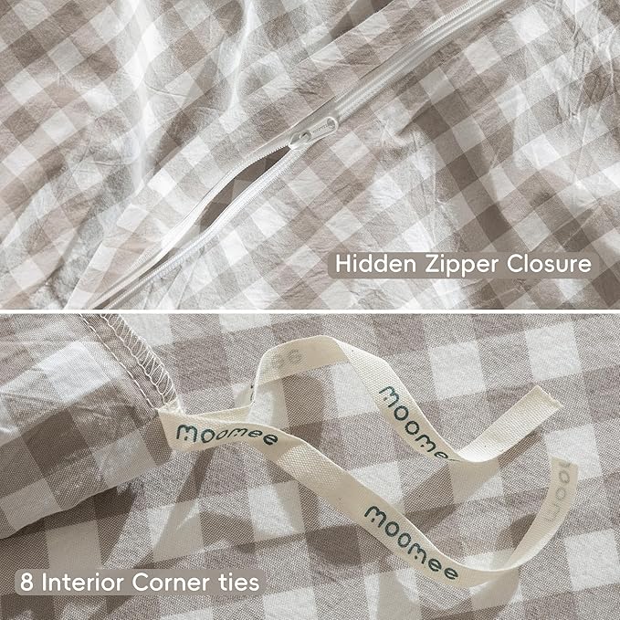 MooMee Gingham Duvet Cover Set 100% Washed Cotton Linen Like Textured Breathable Durable Soft Comfy Modern Checkered Design (Tannish Linen Grey Gingham, Twin 68"x90")
