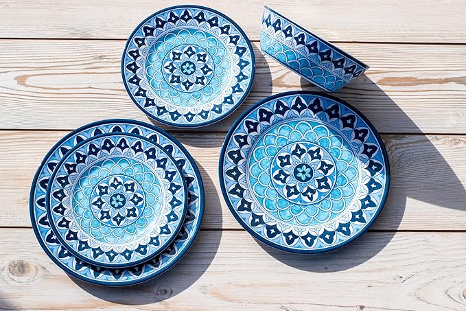 Blue Fontana 12-Piece Melamine Dinnerware Set, 4 Dinner Plates, 4 Salad Plates, 4 Bowls, Dishwasher Safe, Durable