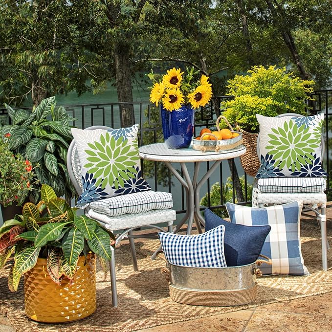 DFXSZ Green Blue Flower Pillow Covers 18x18 Inch Set of 2 White Gray Colored Throw Pillows Outdoor Waterproof Decor for Living Room Sofa Patio Funiture Garden Floral Polyester Pillow Covers 002K18
