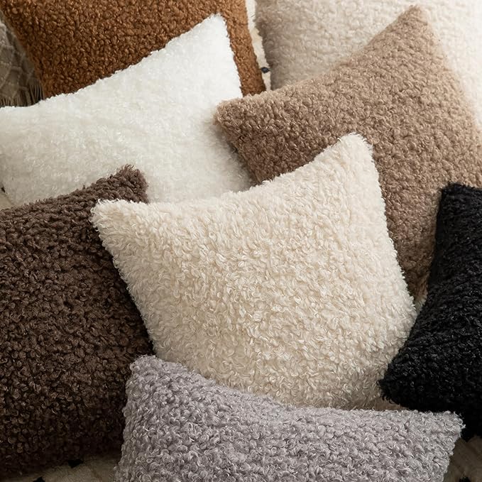 Pack of 2 Curly Teddy Wool Faux Fur Throw Pillow Covers Fuzzy Accent Soft Sherpa Pillowcases Sheepskin Fleece Decorative Cushion Case for Sofa Couch Living Room 22x22 Inch Khaki