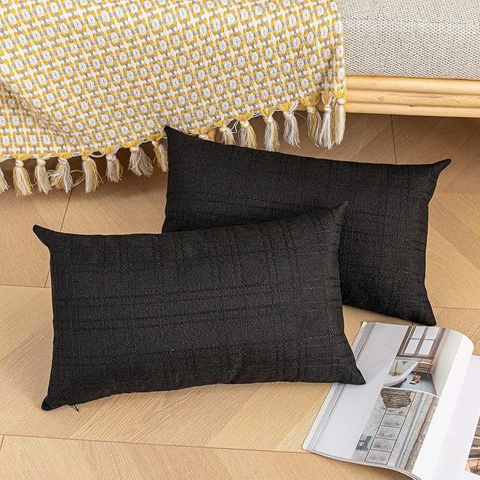 Kevin Textile Pack of 2 Decorative Outdoor Waterproof Throw Pillow Covers Checkered Lumbar Pillowcases Classic Cushion Cases for Patio Couch Bench 12 x 20 Inch Black