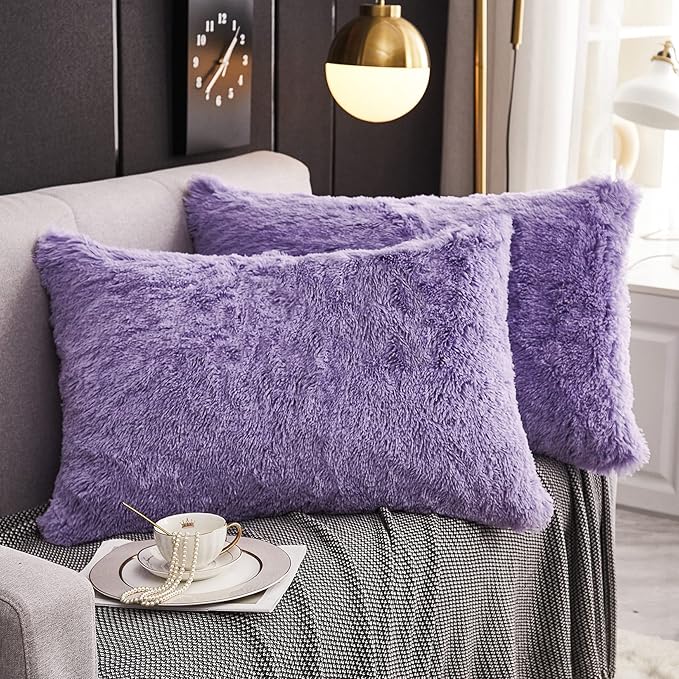 WERDIM Shaggy Fluffy Faux Fur Pillowcases 2 Pack Button Closure Velvet Pillow Shams Standard/Queen Size (Lilac, 20 X 26 Inches)