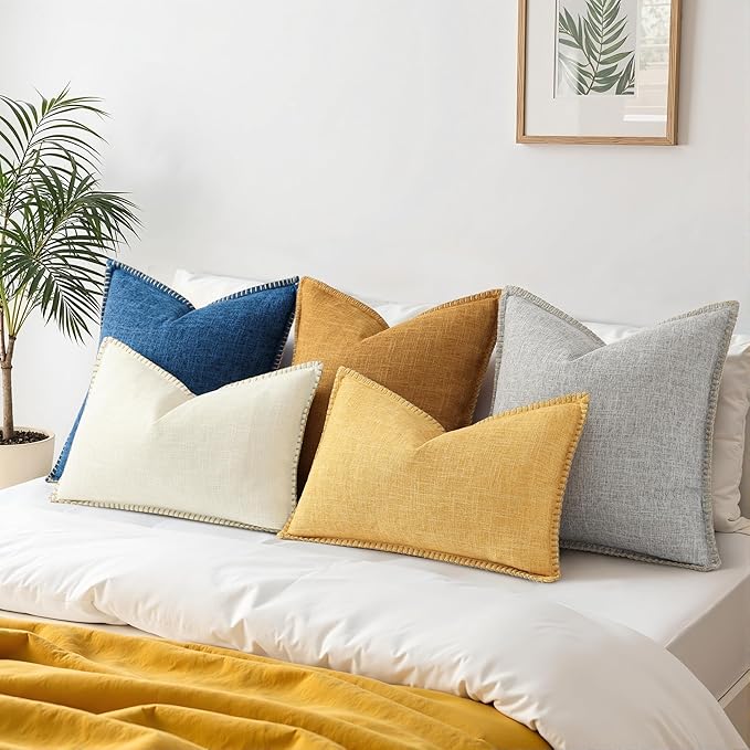 decorUhome Decorative Outdoor Throw Pillow Covers 24x24 Set of 2, Square Linen Rustic Neutral Farmhouse Euro Pillow Covers with Stitched Edge for Couch, Sofa, Living Room, Dark Blue