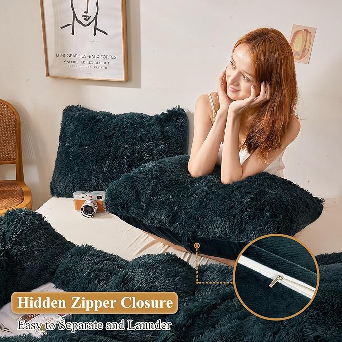 XeGe Faux Fur Throw Pillow Covers, Shaggy Fluffy Cushion Covers, Plush Furry Pillow Cases, Fuzzy Decorative Pillow Shams with Zipper Set of 2 for Sofa Bed Couch Living Room (18''x18'', Dark Green)
