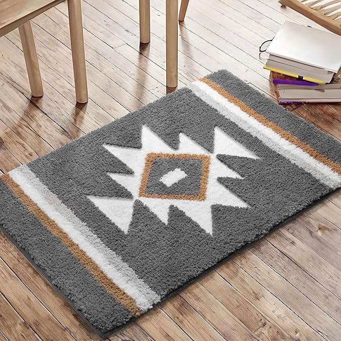 Grey Bathroom Rugs Boho Bath Mat Non Slip, Soft Absorbent Bath Rug Washable Floor Mat for Bathroom Shower Tub Modern Decor, 20x32