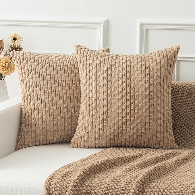 Kevin Textile Throw Pillow Covers Soft Corduroy Decorative Set of 2 Boho Striped Pillow Covers Pillowcases Farmhouse Home Decor for Couch Bed Sofa Living Room 18x18 Inch Tan