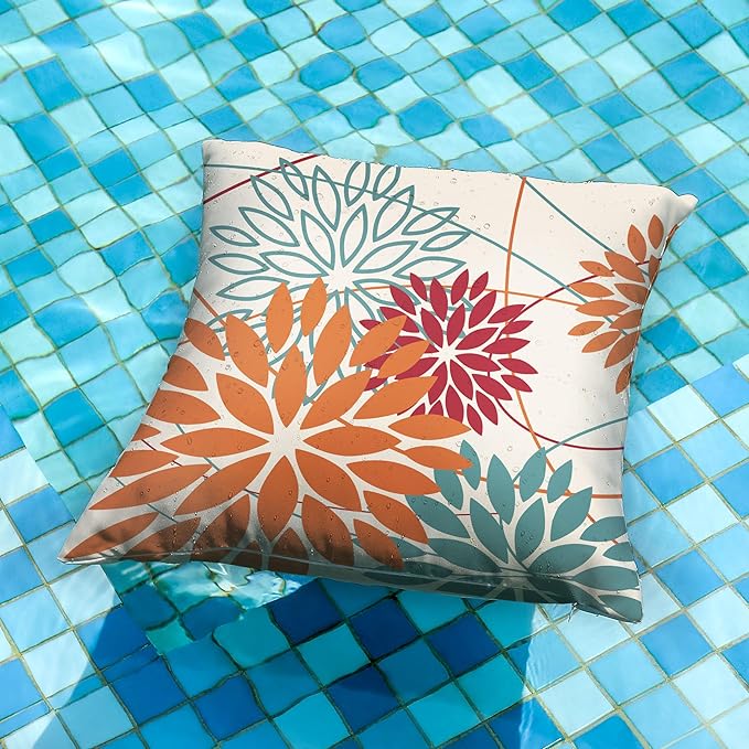 Orange and Red Floral Pillow Covers 18x18 Set of 2 Outdoor Waterproof Decorative Throw Pillows Fall Pillow Covers Polyester Cushion Case Decor for Couch Patio Funiture Garden Porch 01W18