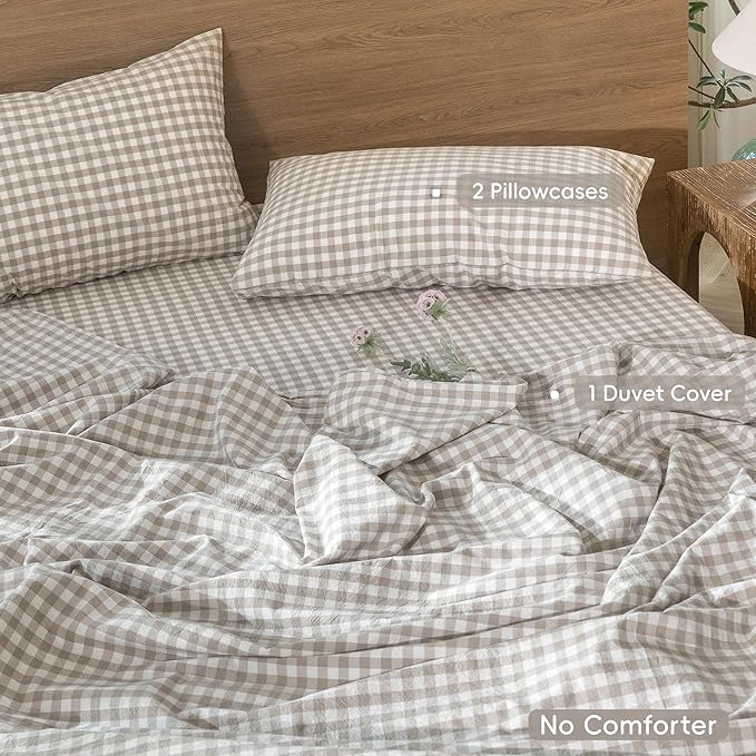 MooMee Gingham Duvet Cover Set 100% Washed Cotton Linen Like Textured Breathable Durable Soft Comfy Modern Checkered Design (Tannish Linen Grey Gingham, Oversized Queen 98"x98")