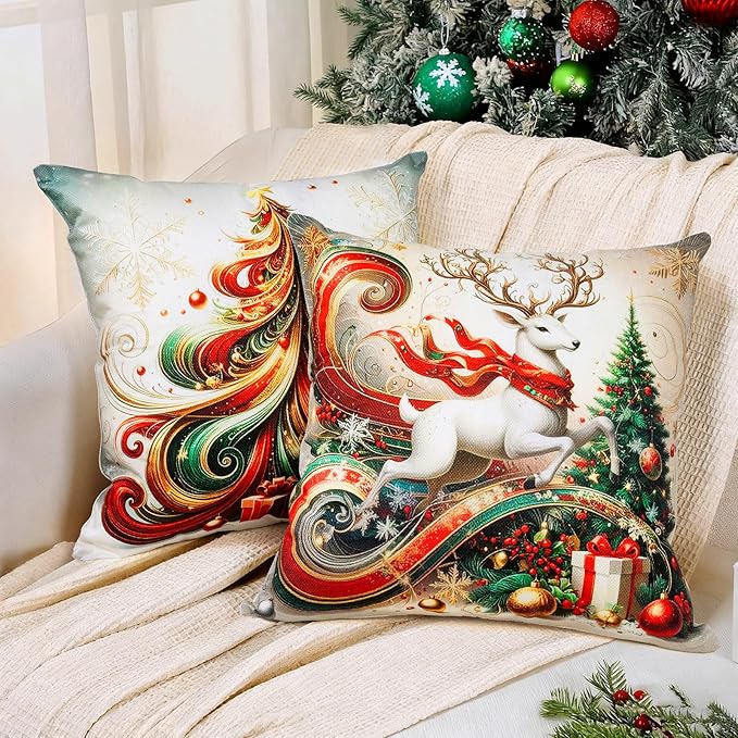Christmas Throw Pillow Covers 16x16 Set of 4 Winter Holiday Decorative Pillowcase Reindeer Snowman Christmas Tree Santa Farmhouse Home Decor for Sofa Couch Cushion
