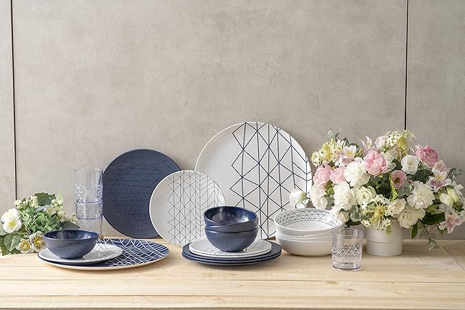 bzyoo 100% Melamine 14 inch Round Platter Dishwasher Safe Food Serving Tray for Casual dining Indoor and Outdoor Dining Party Cocktails (Spidy French Navy)