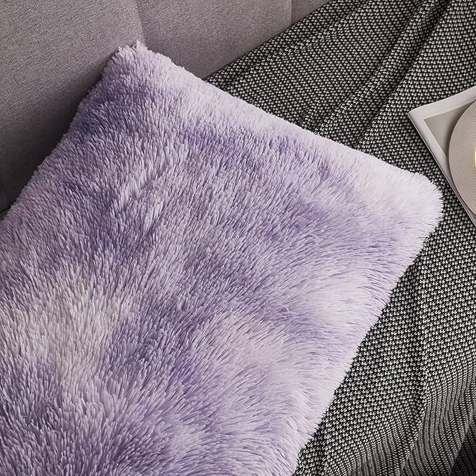 WERDIM Shaggy Fluffy Faux Fur Pillowcases 2 Pack Button Closure Velvet Pillow Shams Standard/Queen Size (Tie Dye Lilac, 20 X 26 Inches)