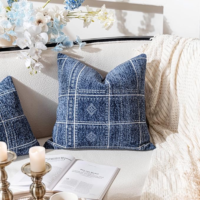BlissBlush Dark Blue Decorative Throw Pillow Covers 18X18, Set of 2, Boho Farmhouse Cushion Cover, Cozy Soft Accent Pillowcase for Couch Sofa Bed Living Room Home Décor