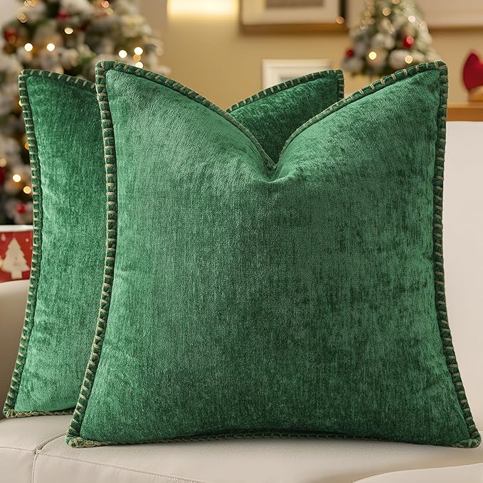 decorUhome Christmas Chenille Soft Throw Pillow Covers 18x18 Set of 2, Farmhouse Velvet Neutral Decorative Euro Pillow Covers with Stitched Edge for Couch Sofa Bed Home Decor, Green