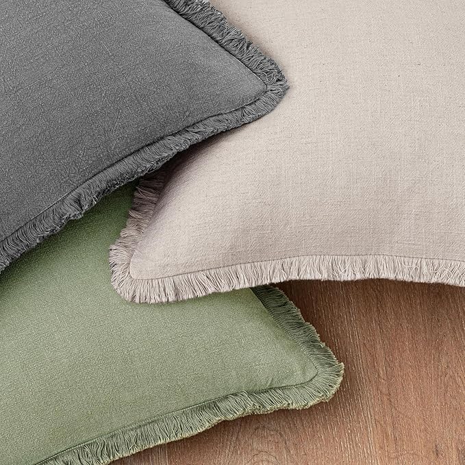 Woaboy Decorative Linen Fringe Throw Pillow Covers Boho Farmhouse Soft Euro Accent Pillowcases with Tassels for Bed Couch Sofa Livingroom Bedroom,24x24 Inch Set of 2,Sage Green