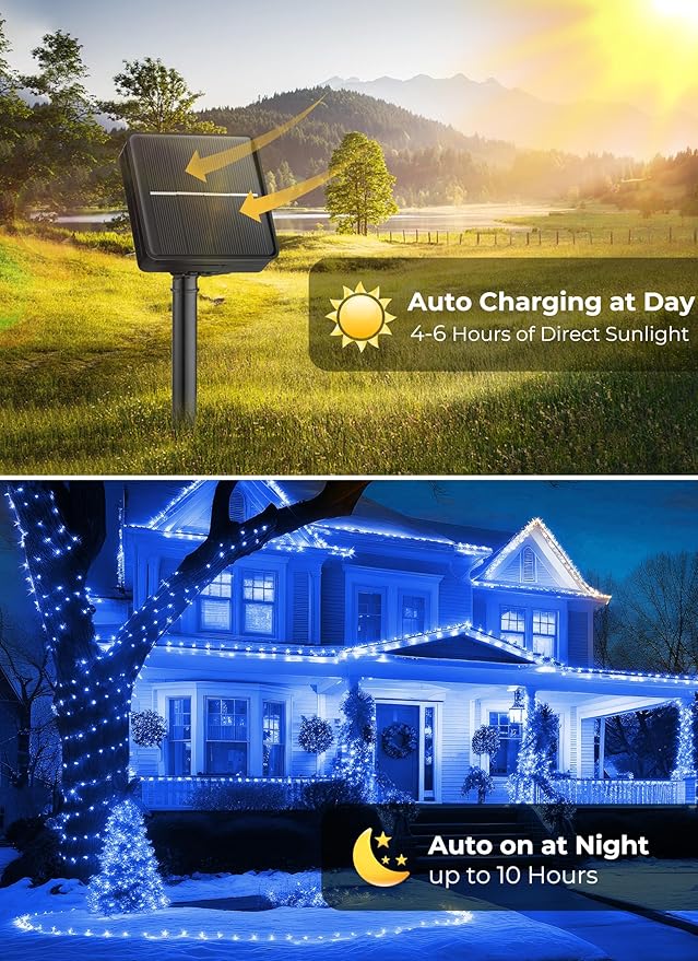 Brightown 100LED Solar String Lights Outdoor, Solar Powered Lights IP65 Waterproof for Party Garden Yard Home Holiday Tree Decoration Lighting (Blue, 100LED-2PACK)
