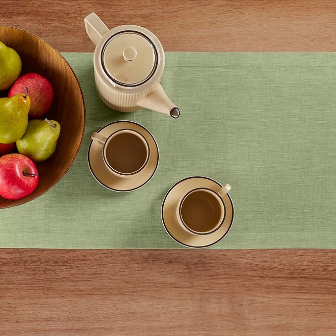 Solino Home Linen Table Runner 72 Inches Long - Athena, 100% Pure Linen Chambray Olive Table Runner 14 x 72 Inch for Dining, Fall, Autumn, Thanksgiving