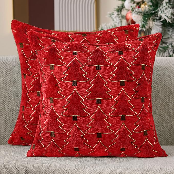 Christmas Pillow Covers 18x18 inch Set of 2 Christmas Decorations Soft Plush Faux Fur Wool Red Xmas Tree Throw Pillow Cases Winter Holiday Decor for Sofa Living Room PT012B18